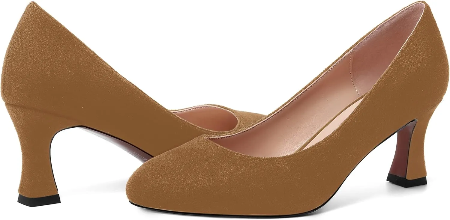 MOVINSTEPS Womens Cute Slip On Solid Round Toe Suede Dating Spool Mid Heel Pumps Shoes 2.5 Inch