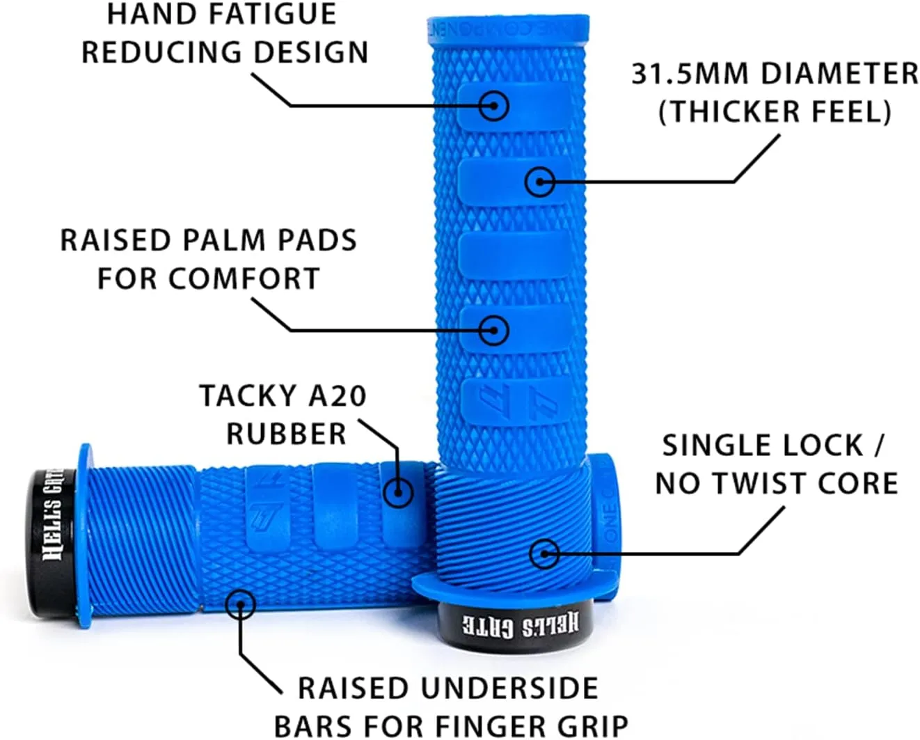 MTB Grips, Lock on, No-Twist, Grippy/Tacky, Cushioned - Hell's Gate Grips