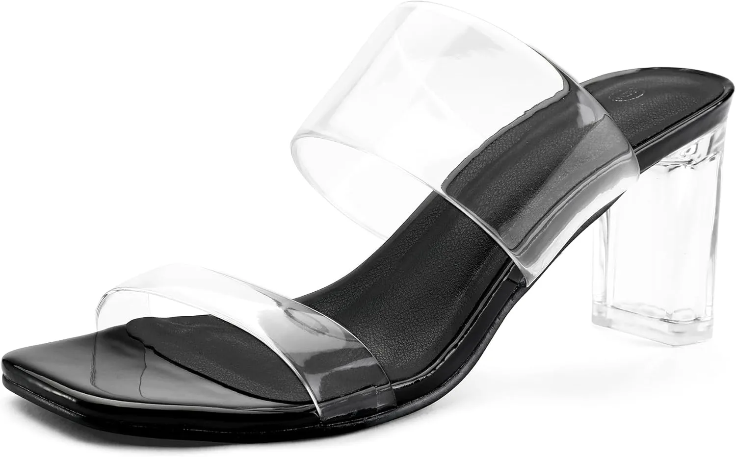 mysoft Clear Heels for Women Transparent Two Strap Block Chunky Square Heel Sandals Open Toe Slip On Sandals