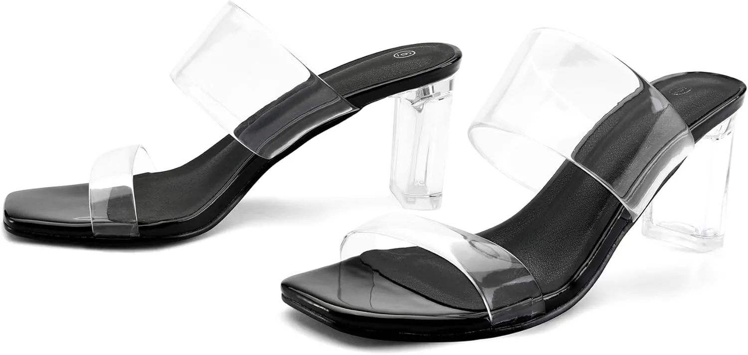 mysoft Clear Heels for Women Transparent Two Strap Block Chunky Square Heel Sandals Open Toe Slip On Sandals