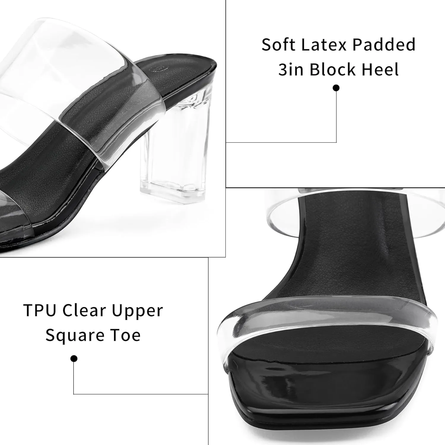 mysoft Clear Heels for Women Transparent Two Strap Block Chunky Square Heel Sandals Open Toe Slip On Sandals