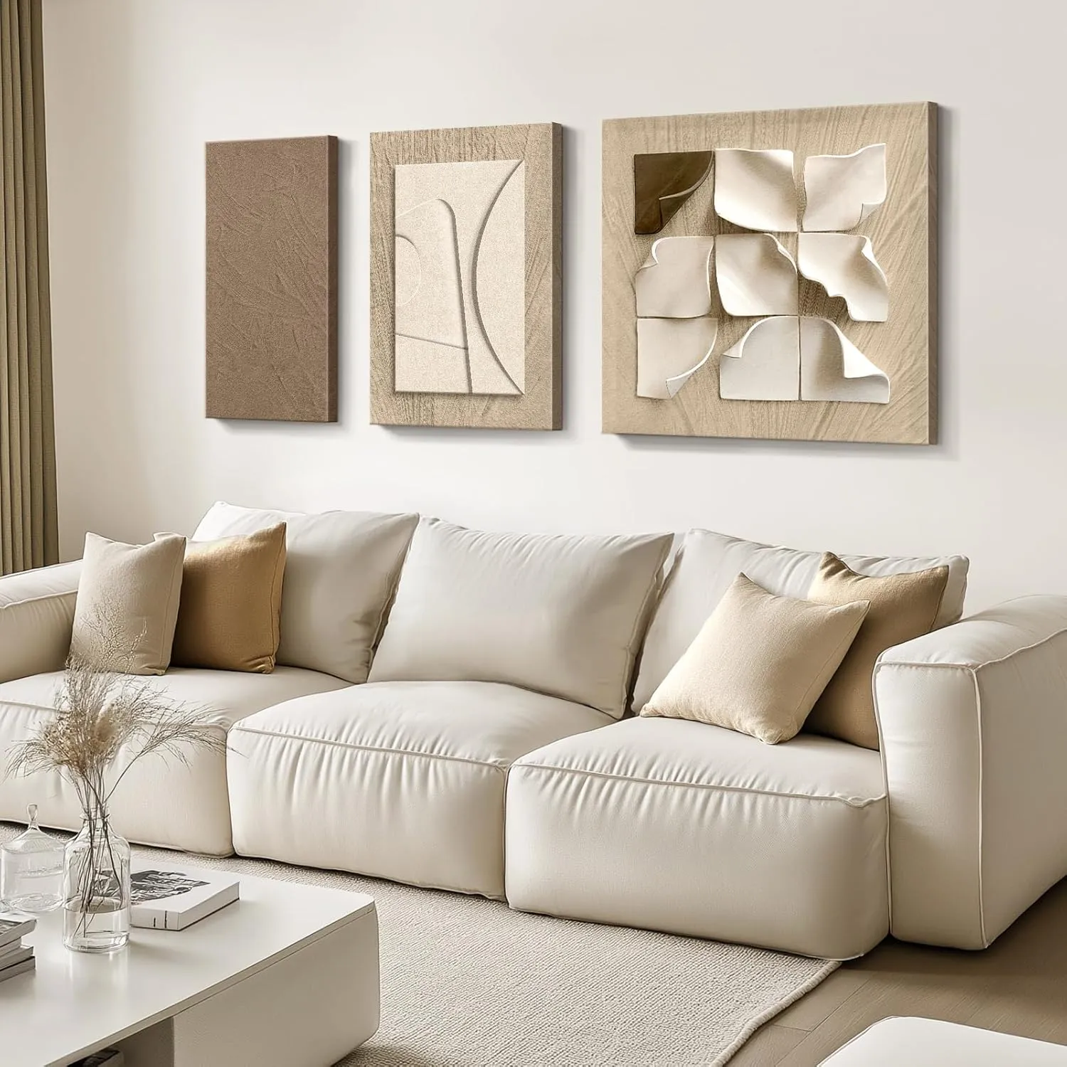 Neutral Abstract Wall Art for Living Room, 3 Piece Large Modern Brown Beige Wall Art, Minimalist Painting Artwork for Walls, Hallway, Kitchen, Bedroom, Home Office Wall Decor