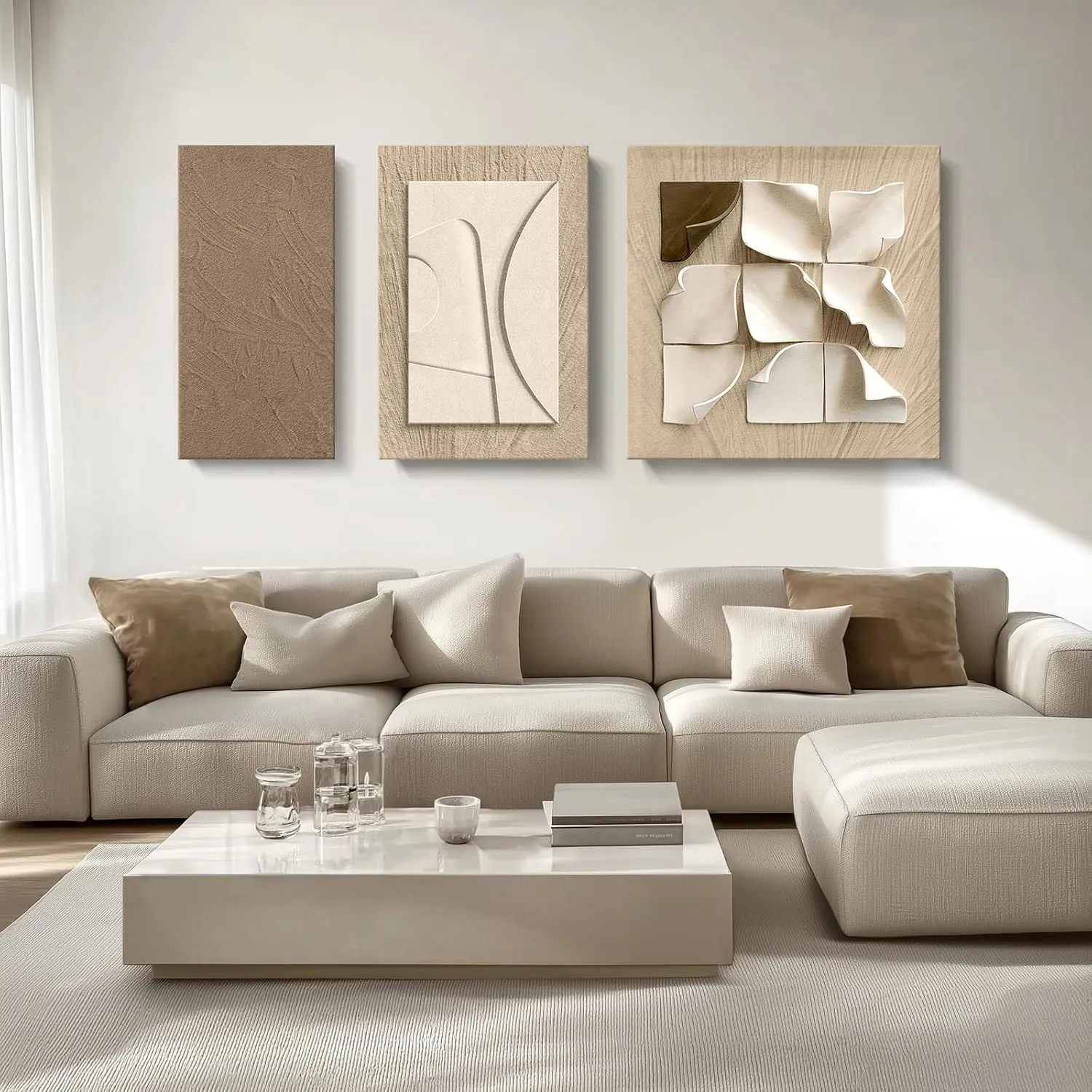 Neutral Abstract Wall Art for Living Room, 3 Piece Large Modern Brown Beige Wall Art, Minimalist Painting Artwork for Walls, Hallway, Kitchen, Bedroom, Home Office Wall Decor