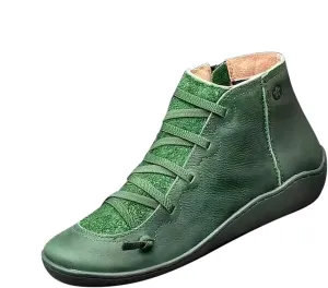 oiangi Leather Boots for Women Casual Retro Round Toe Lace-Up Flat Ankle Booties Side Zipper Plus Size Comfortable Ladies Outdoor Shoe Short Boots