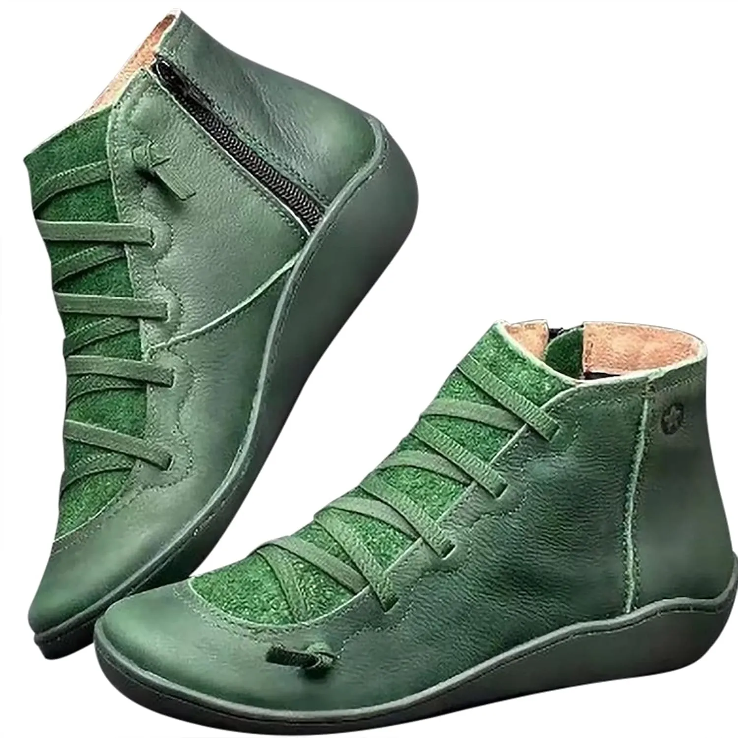 oiangi Leather Boots for Women Casual Retro Round Toe Lace-Up Flat Ankle Booties Side Zipper Plus Size Comfortable Ladies Outdoor Shoe Short Boots