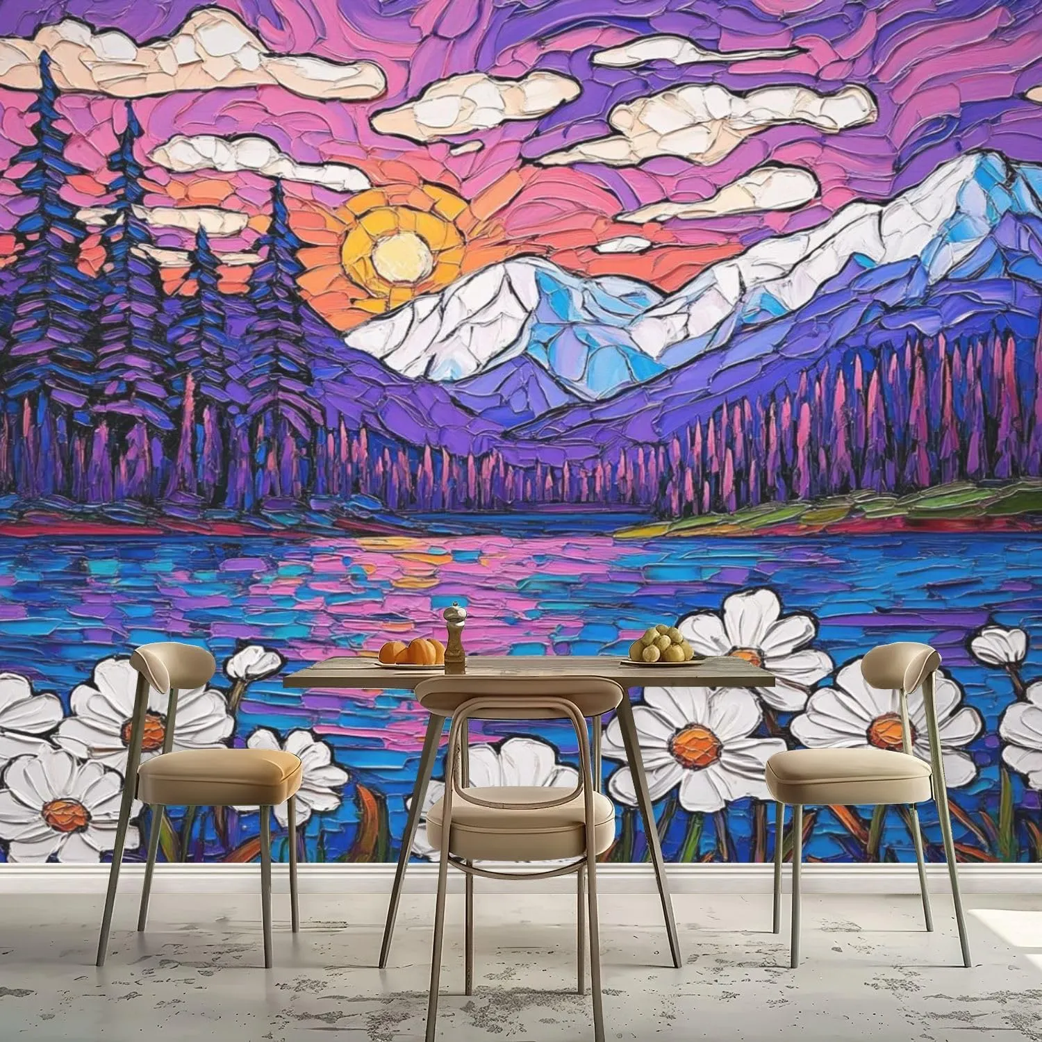 Oil Intermountain Flowers Sea Sunset Mountains Lake Pine Trees Daisies Wall Mural Peel & Stick Wallpaper Removable Self-Adhesive Large Wall Sticker Wall Decor for Bedroom Living Room Nursery 69"x98"