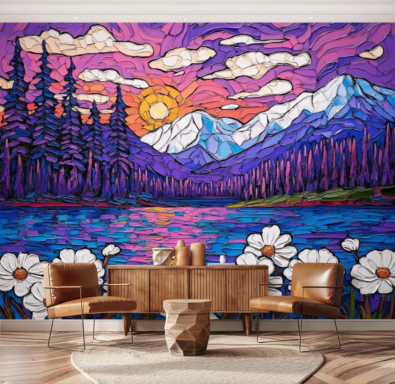 Oil Intermountain Flowers Sea Sunset Mountains Lake Pine Trees Daisies Wall Mural Peel & Stick Wallpaper Removable Self-Adhesive Large Wall Sticker Wall Decor for Bedroom Living Room Nursery 69"x98"