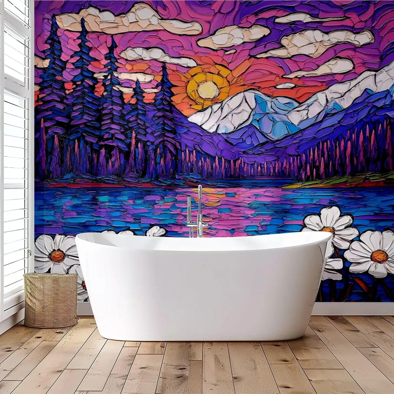 Oil Intermountain Flowers Sea Sunset Mountains Lake Pine Trees Daisies Wall Mural Peel & Stick Wallpaper Removable Self-Adhesive Large Wall Sticker Wall Decor for Bedroom Living Room Nursery 69"x98"