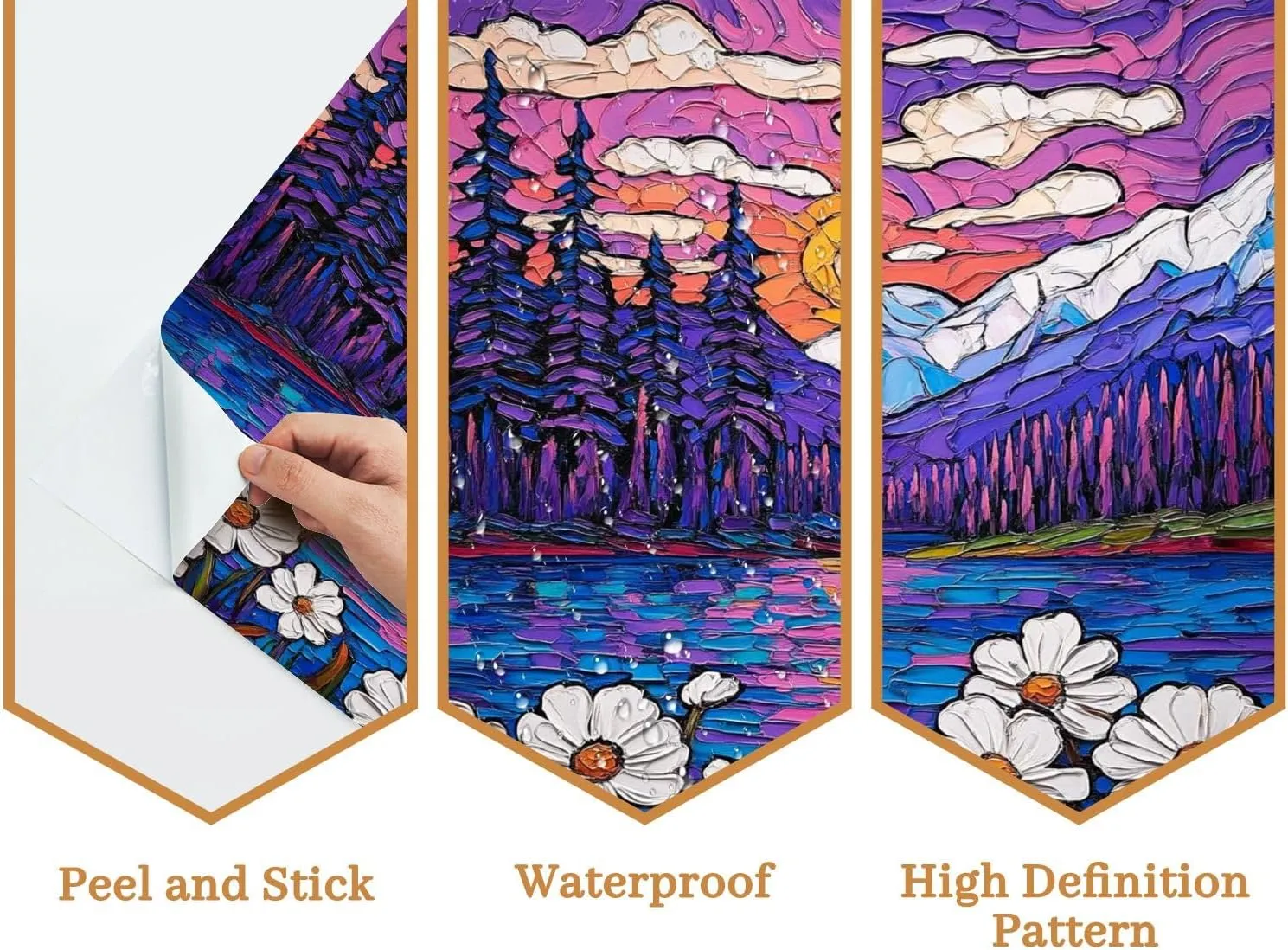 Oil Intermountain Flowers Sea Sunset Mountains Lake Pine Trees Daisies Wall Mural Peel & Stick Wallpaper Removable Self-Adhesive Large Wall Sticker Wall Decor for Bedroom Living Room Nursery 69"x98"
