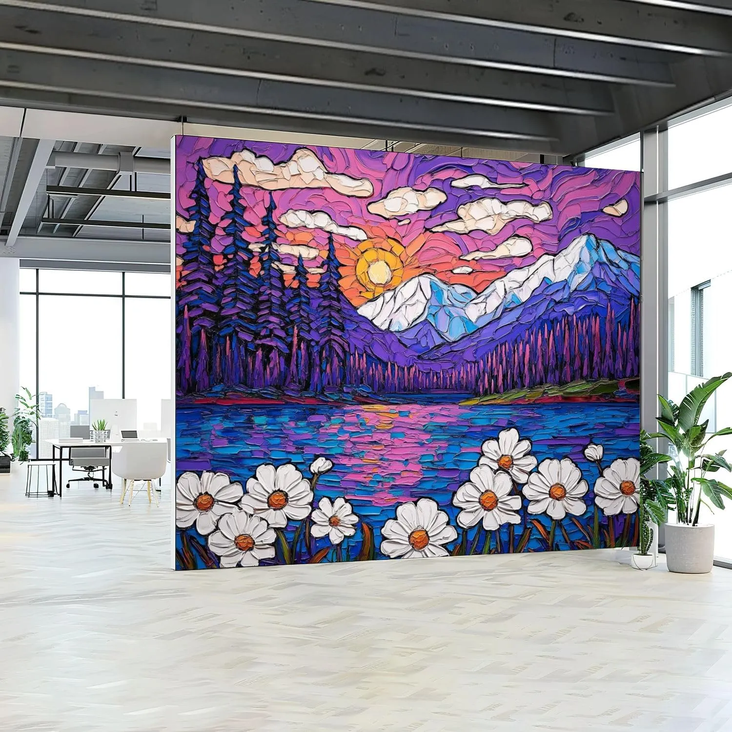 Oil Intermountain Flowers Sea Sunset Mountains Lake Pine Trees Daisies Wall Mural Peel & Stick Wallpaper Removable Self-Adhesive Large Wall Sticker Wall Decor for Bedroom Living Room Nursery 69"x98"