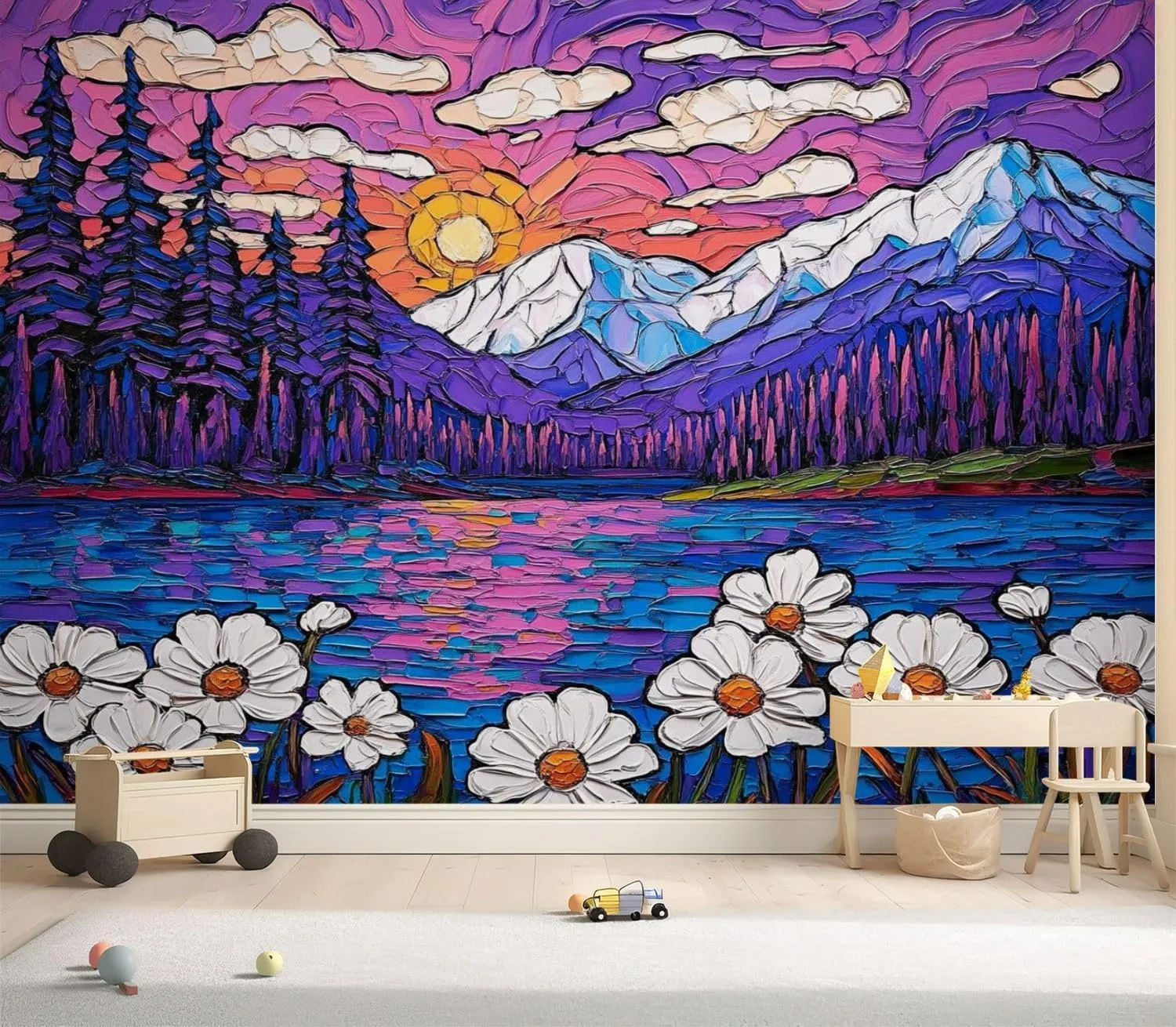 Oil Intermountain Flowers Sea Sunset Mountains Lake Pine Trees Daisies Wall Mural Peel & Stick Wallpaper Removable Self-Adhesive Large Wall Sticker Wall Decor for Bedroom Living Room Nursery 69"x98"