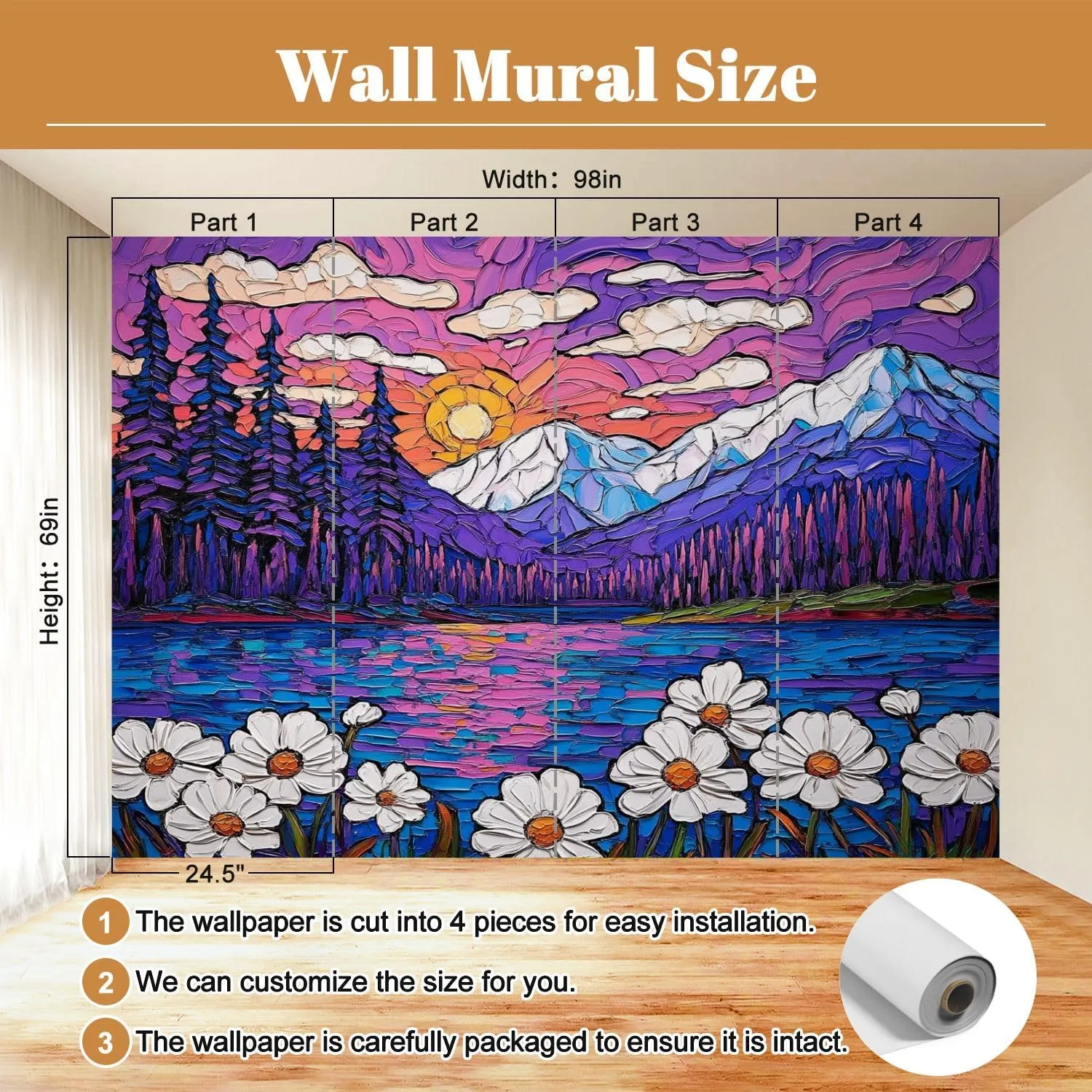Oil Intermountain Flowers Sea Sunset Mountains Lake Pine Trees Daisies Wall Mural Peel & Stick Wallpaper Removable Self-Adhesive Large Wall Sticker Wall Decor for Bedroom Living Room Nursery 69"x98"