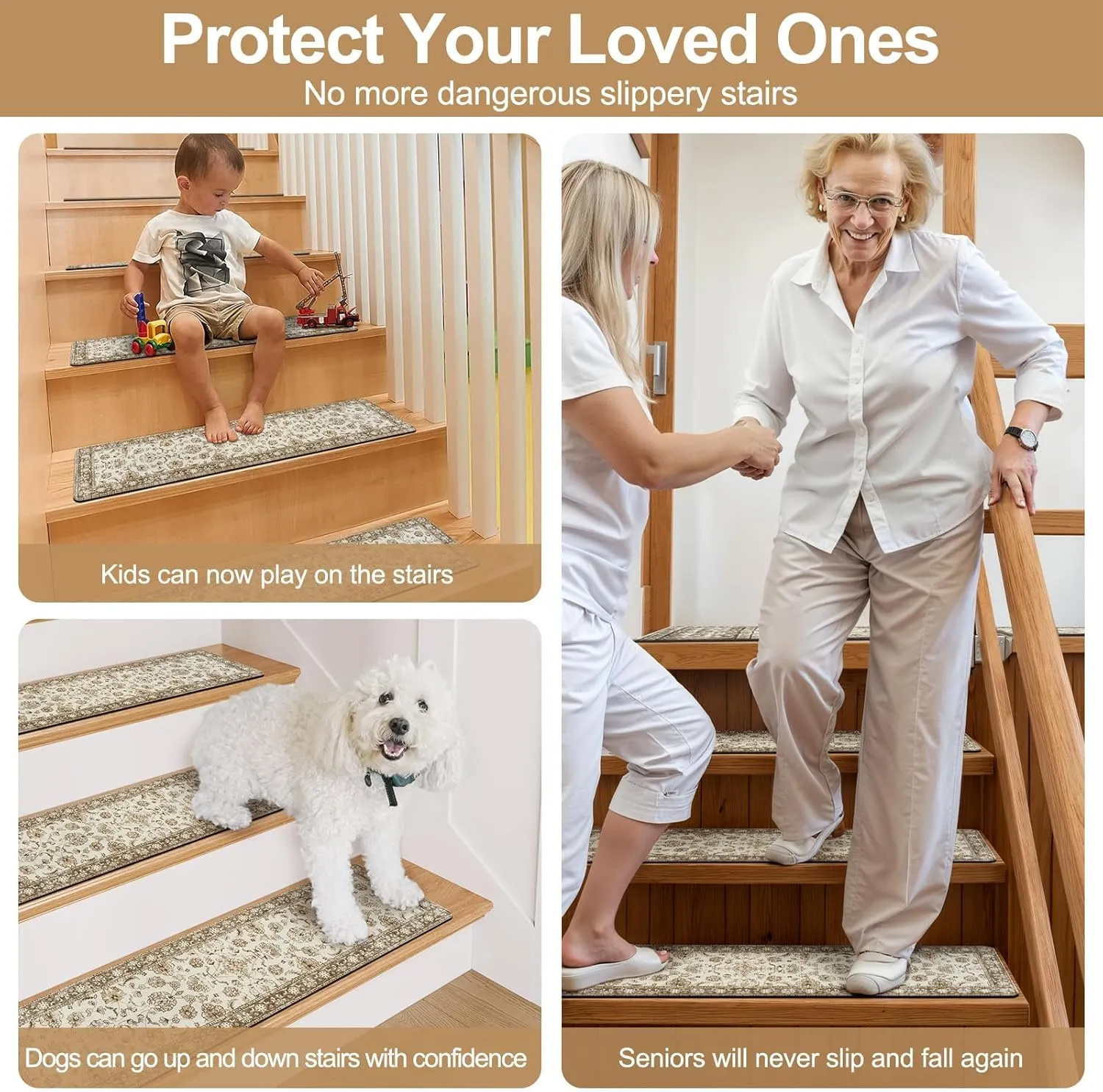 OJIA Stair Treads Non-Slip Matching Mat for Wooden Steps, Square Capet Stair Treads Rubber Backing Stair Runner Anti-Slip Stair Landing Mat 31x31 Inch Stair Rugs Carpet for Stairs