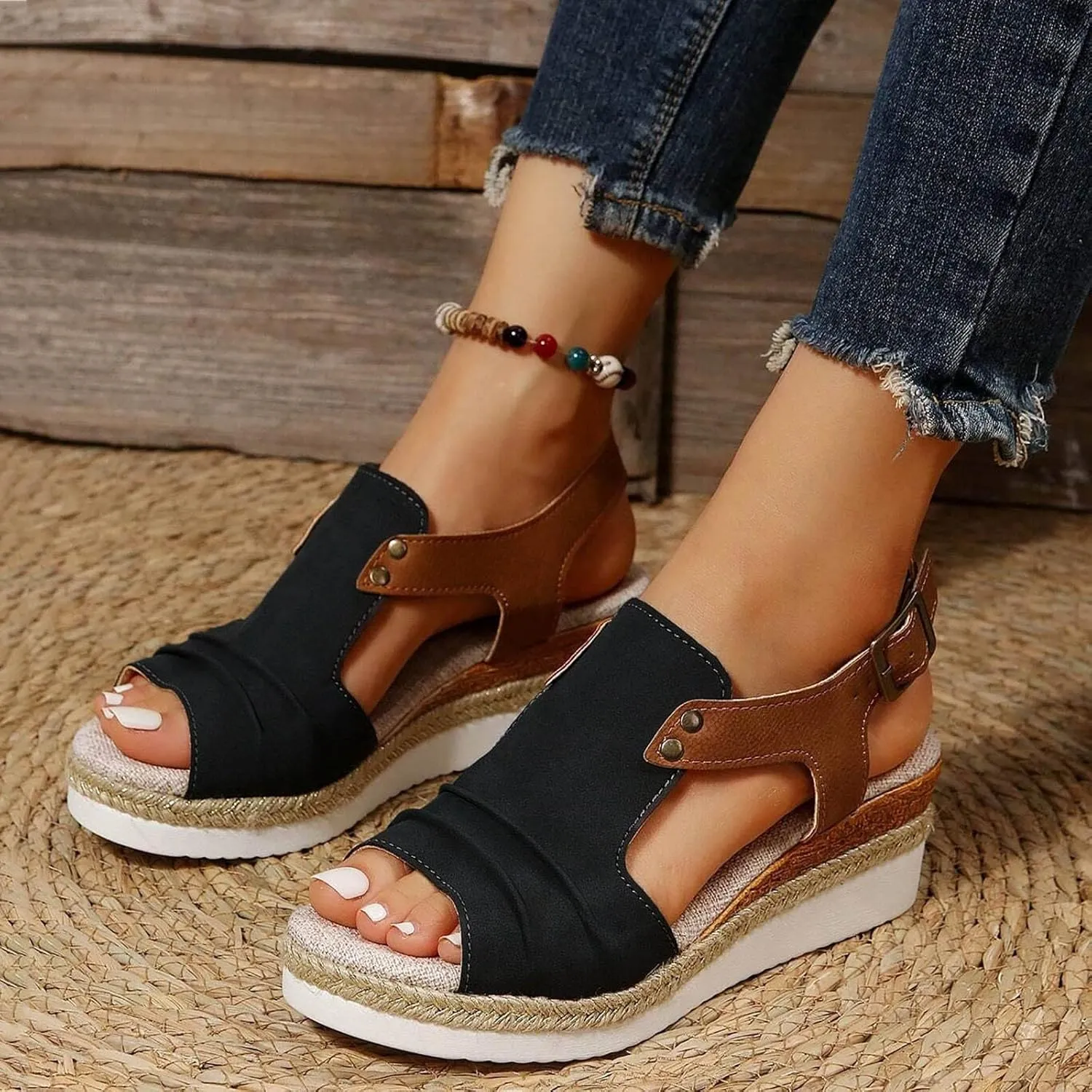 Orthopedic Platform Wedge Sandals for Women Summer Dressy 2025 Open Toe Ankle Strap Espadrilles Sandals Beach Sandals