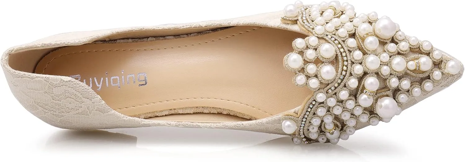 Pearl Decoration Women's Flat Bottom Pointed Toe One Step Shoes