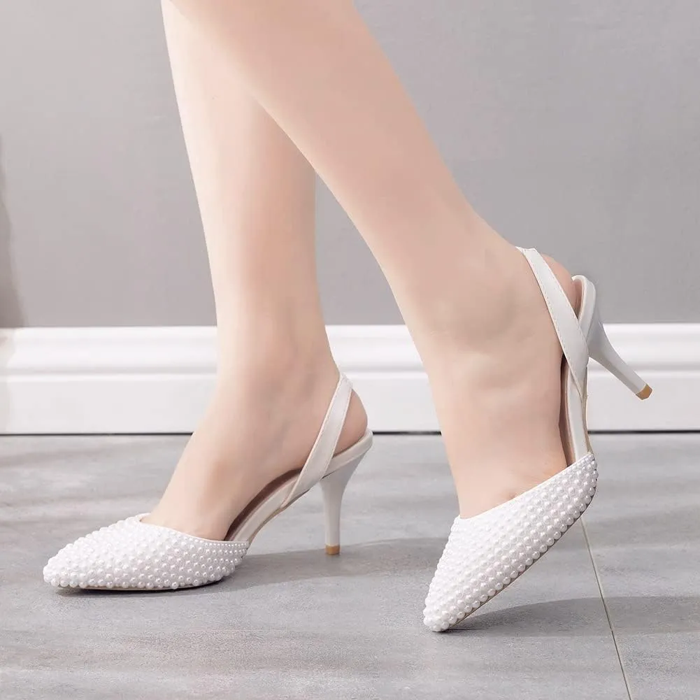 Pearl Slingback Heels for Women, Pointed Closed Toe Slip on Heeled Sandals Satin Stiletto Heel Evening Bridal Shoes for Wedding