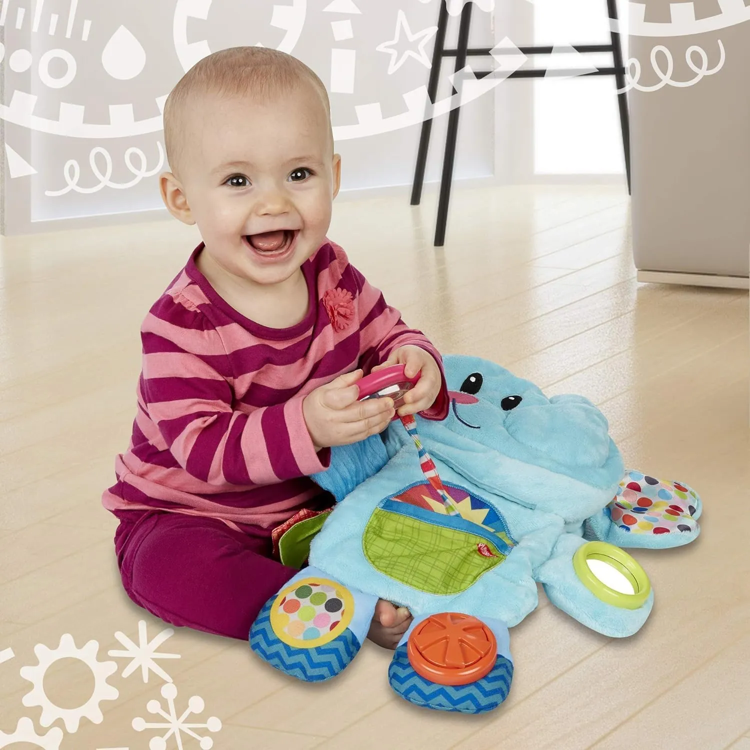 Playskool Fold 'n Go Elephant Stuffed Animal Tummy Time Toy for Babies 3 Months and Up, Blue (Amazon Exclusive)