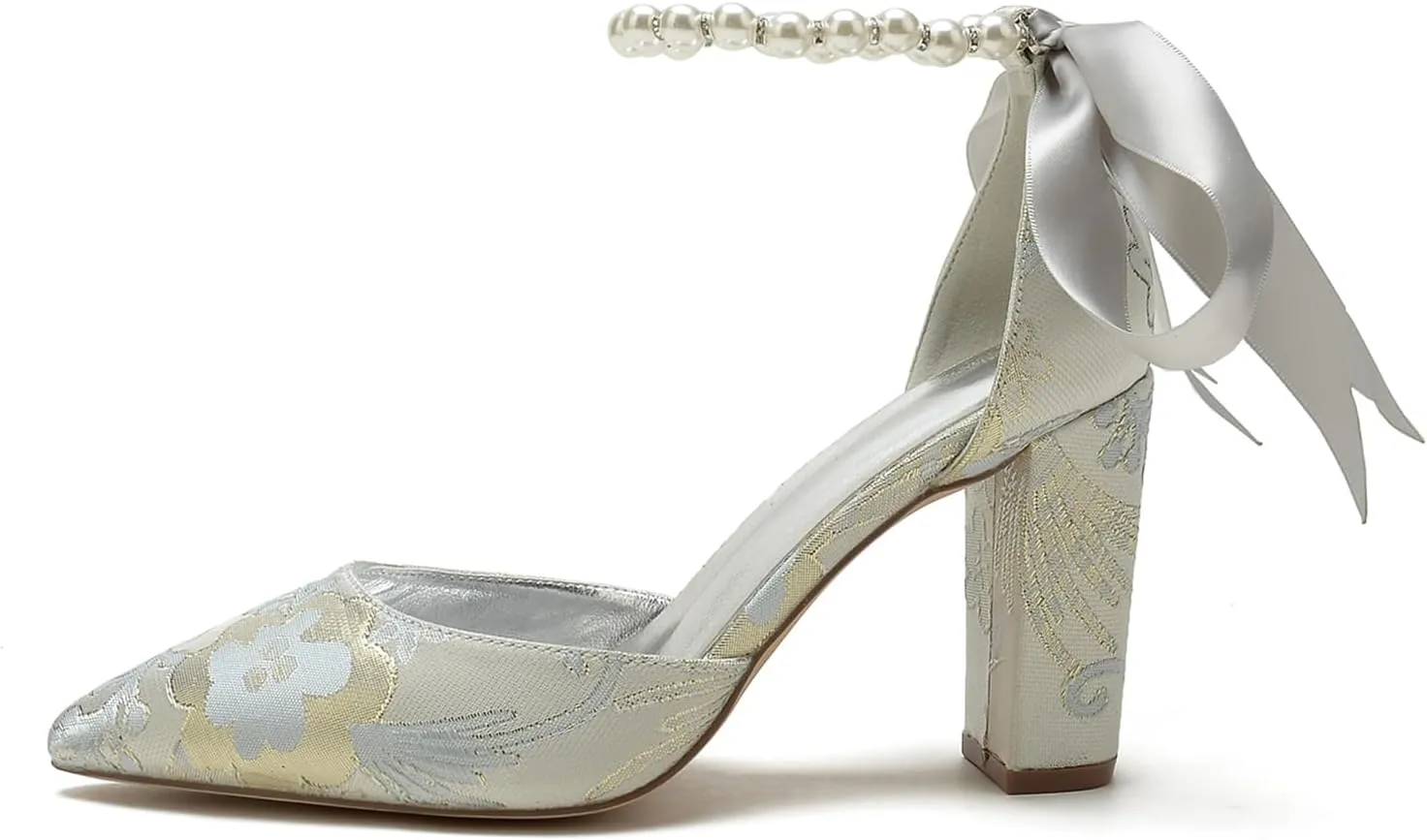 Pointed Toe Wedding Shoes for Womens High Heels Closed Toe Pearl Bride Shoes Pumps Block Heel Bridal Bowknot Strap Sandals Floral Satin Evening