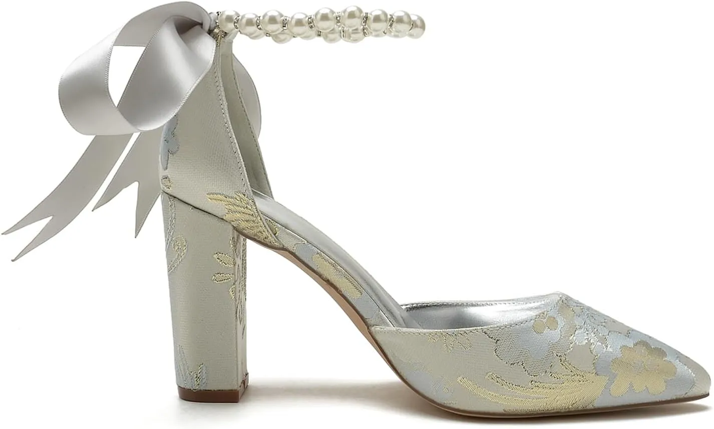 Pointed Toe Wedding Shoes for Womens High Heels Closed Toe Pearl Bride Shoes Pumps Block Heel Bridal Bowknot Strap Sandals Floral Satin Evening