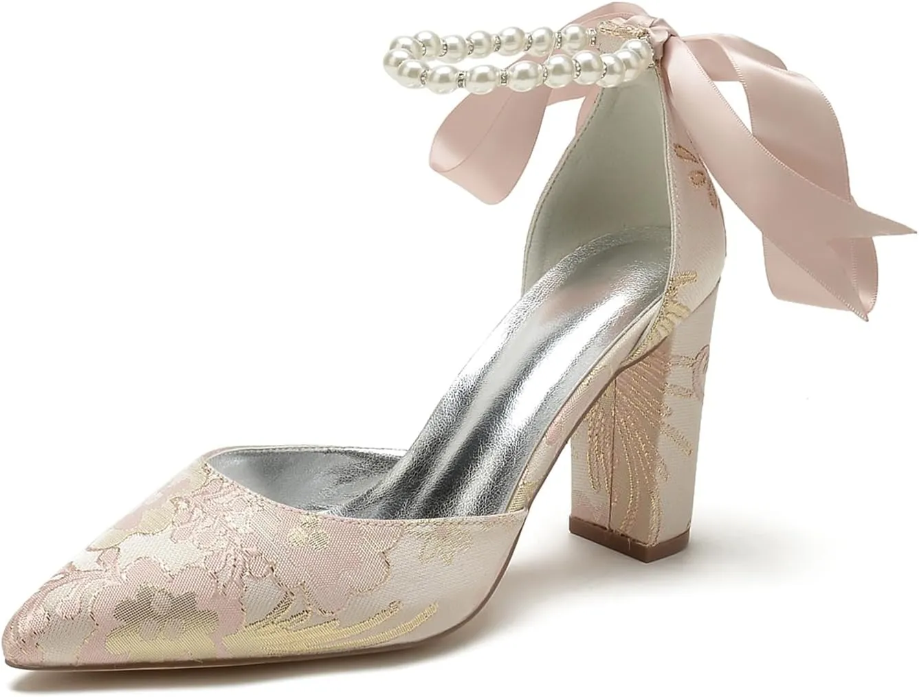 Pointed Toe Wedding Shoes for Womens High Heels Closed Toe Pearl Bride Shoes Pumps Block Heel Bridal Bowknot Strap Sandals Floral Satin Evening