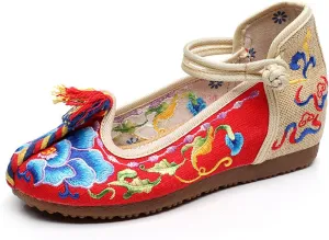 Qhome Women's Floral Embroidery Ethnic Style Strappy Comfortable Casual Walking Canvas Mary Jane Flat Shoes