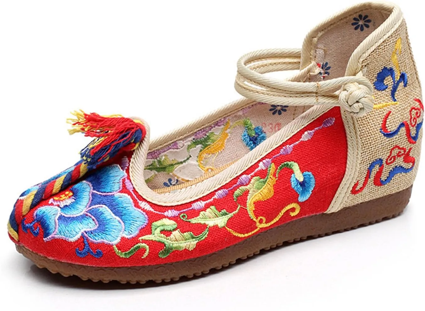 Qhome Women's Floral Embroidery Ethnic Style Strappy Comfortable Casual Walking Canvas Mary Jane Flat Shoes