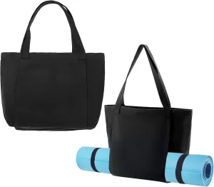 QWORK Yoga Bag for Yoga Mats, 2 Pack Cotton Canvas, Spacious & Multi-Feature Carryall Canvas Tote for Mat and Accessories, for Gym, Shopping, Washable, Black