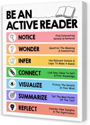 Reading Corner Wall Decor,Classroom Inspirational Wall Art,School Library Wall Decor,Active Reading Strategies Canvas Wall Art for Elementary Middle High School