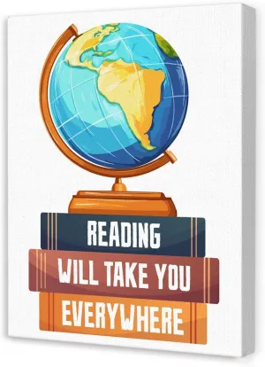 Reading Corner Wall Decor,Inspirational Quotes Wall Art for Kids,School Library Wall Decor,Reading Will Take You Everywhere Canvas Wall Art for Nursery Classroom Kids Room