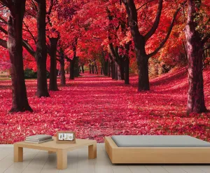Red Maple Forest Murals Autumn Forest Path Wallpaper for Girls Landscape Tree Wallpaper Woodland Scenery Wall Paper for Girls Bedroom Living Room Tv Backdrop Decoration Large Wall Mural 91"W X 65"H