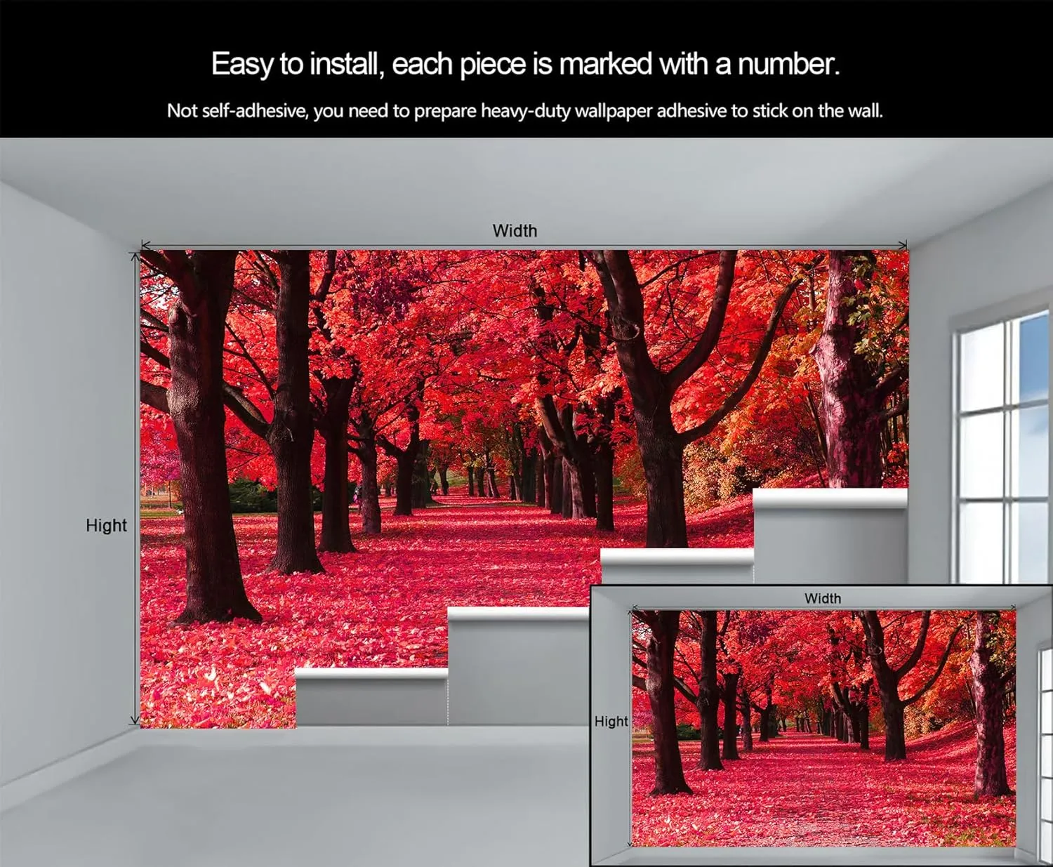 Red Maple Forest Murals Autumn Forest Path Wallpaper for Girls Landscape Tree Wallpaper Woodland Scenery Wall Paper for Girls Bedroom Living Room Tv Backdrop Decoration Large Wall Mural 91"W X 65"H