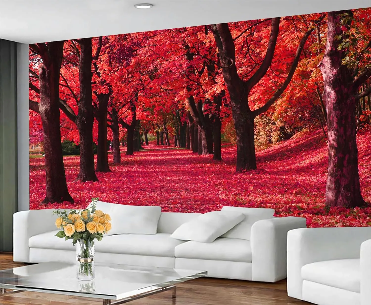 Red Maple Forest Murals Autumn Forest Path Wallpaper for Girls Landscape Tree Wallpaper Woodland Scenery Wall Paper for Girls Bedroom Living Room Tv Backdrop Decoration Large Wall Mural 91"W X 65"H