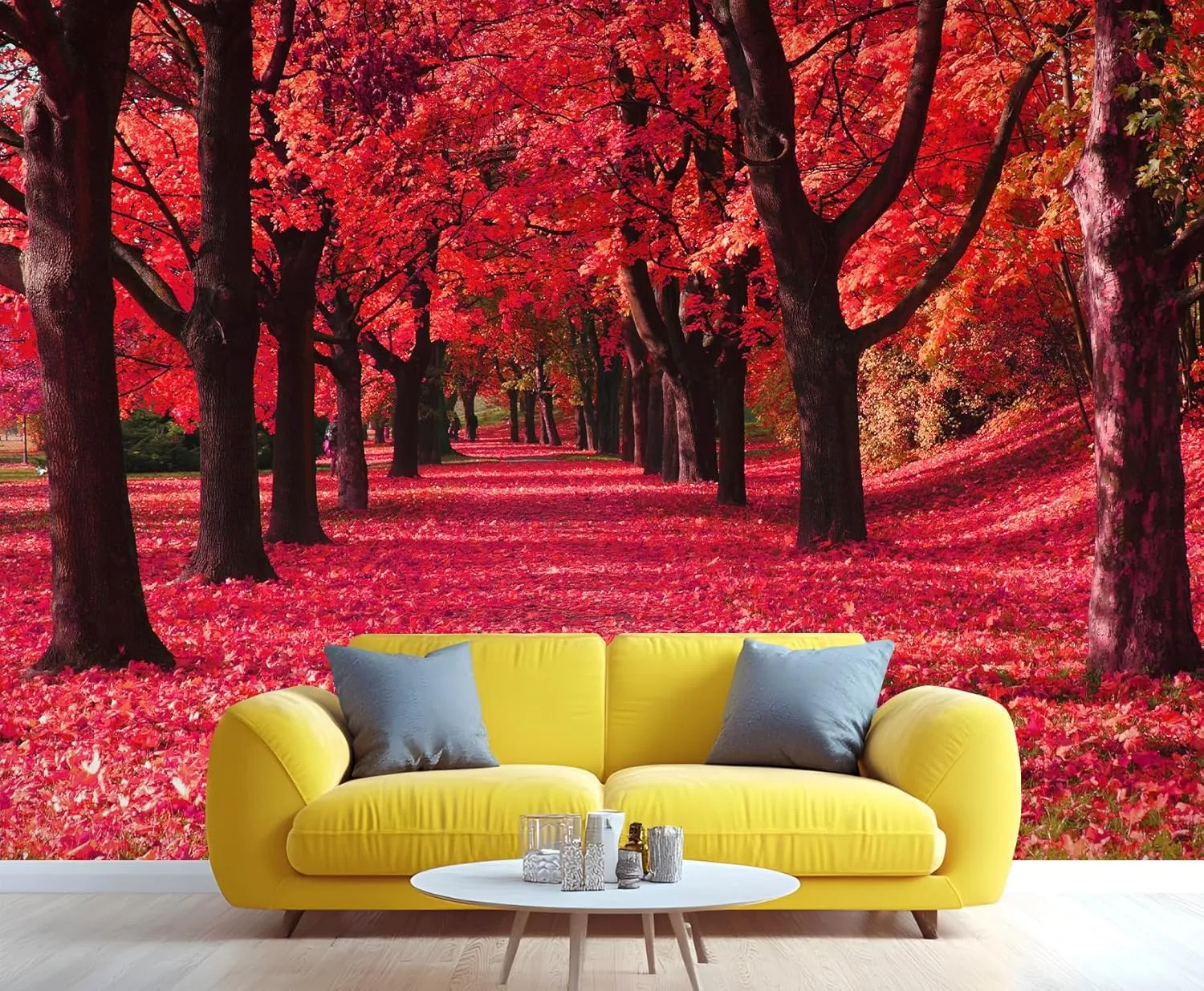 Red Maple Forest Murals Autumn Forest Path Wallpaper for Girls Landscape Tree Wallpaper Woodland Scenery Wall Paper for Girls Bedroom Living Room Tv Backdrop Decoration Large Wall Mural 91"W X 65"H