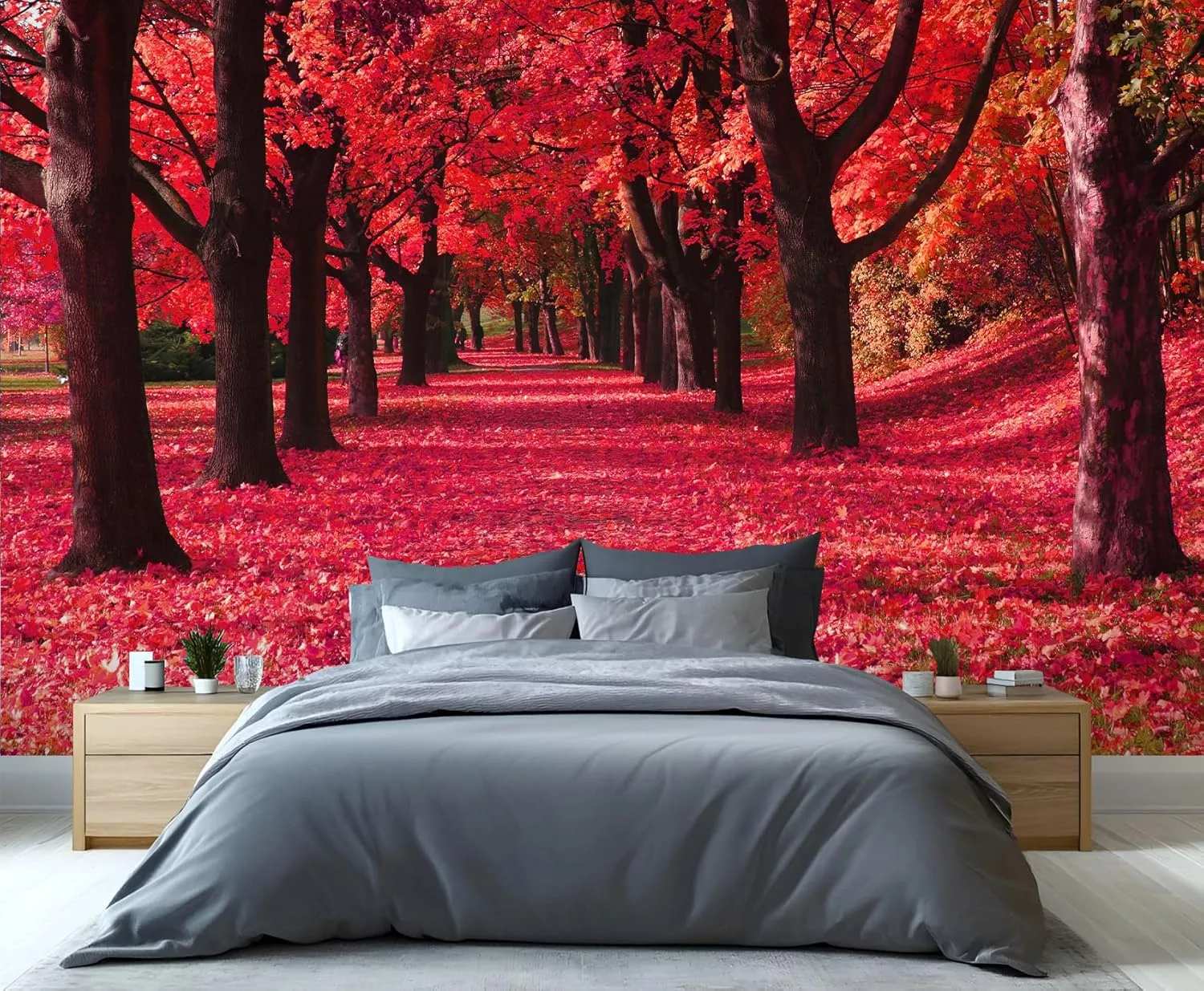 Red Maple Forest Murals Autumn Forest Path Wallpaper for Girls Landscape Tree Wallpaper Woodland Scenery Wall Paper for Girls Bedroom Living Room Tv Backdrop Decoration Large Wall Mural 91"W X 65"H