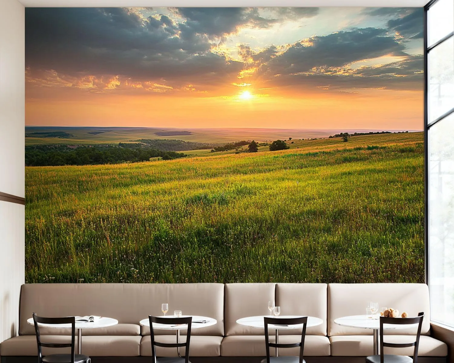 Removable Self Adhesive Dramatic Sunrise Kansas Tallgrass Prairie Preserve National Canvas Wall Murals, Peel and Stick Wallpaper for Kids Bedroom Living Room Office Wall Decor 100''x144''