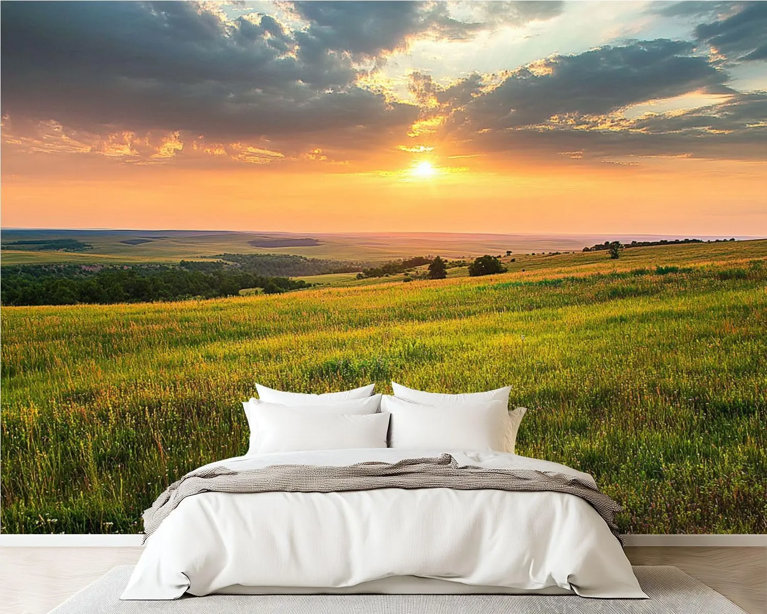 Removable Self Adhesive Dramatic Sunrise Kansas Tallgrass Prairie Preserve National Canvas Wall Murals, Peel and Stick Wallpaper for Kids Bedroom Living Room Office Wall Decor 100''x144''