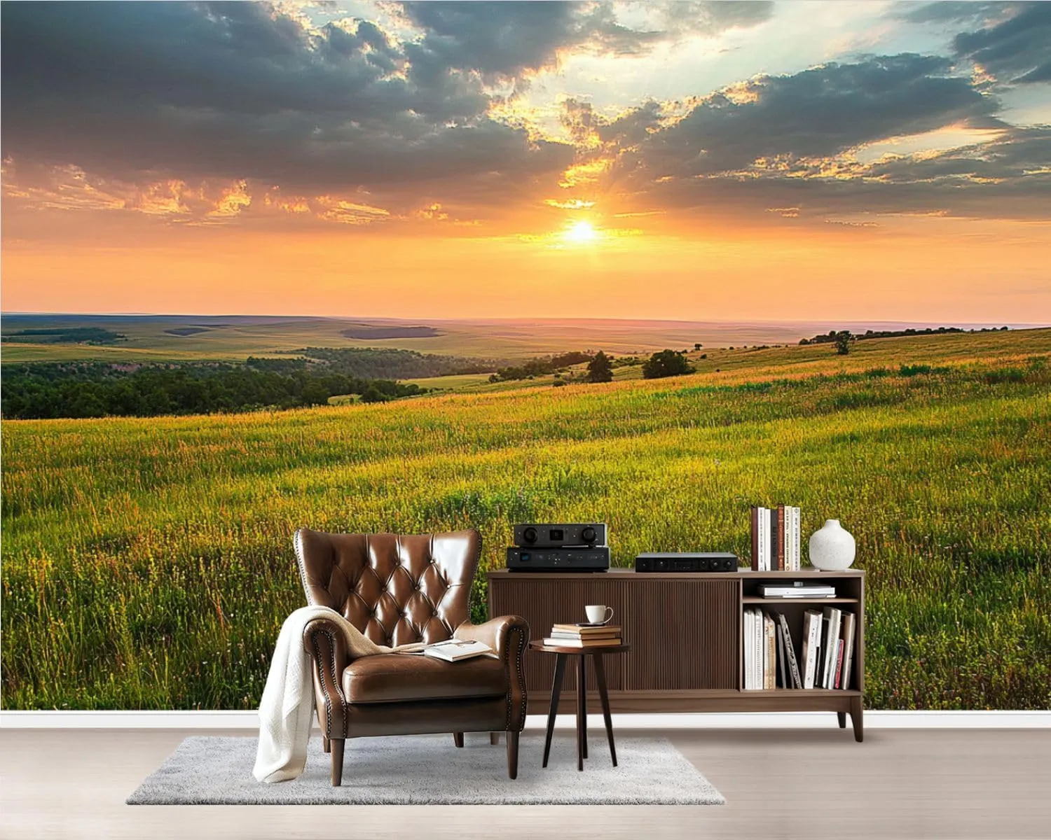 Removable Self Adhesive Dramatic Sunrise Kansas Tallgrass Prairie Preserve National Canvas Wall Murals, Peel and Stick Wallpaper for Kids Bedroom Living Room Office Wall Decor 100''x144''