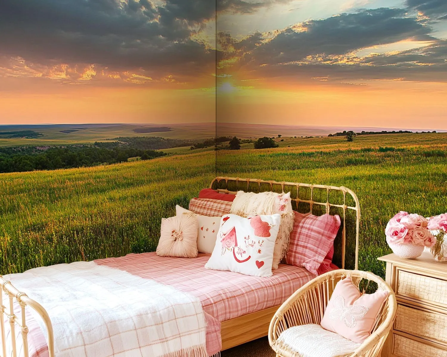 Removable Self Adhesive Dramatic Sunrise Kansas Tallgrass Prairie Preserve National Canvas Wall Murals, Peel and Stick Wallpaper for Kids Bedroom Living Room Office Wall Decor 100''x144''
