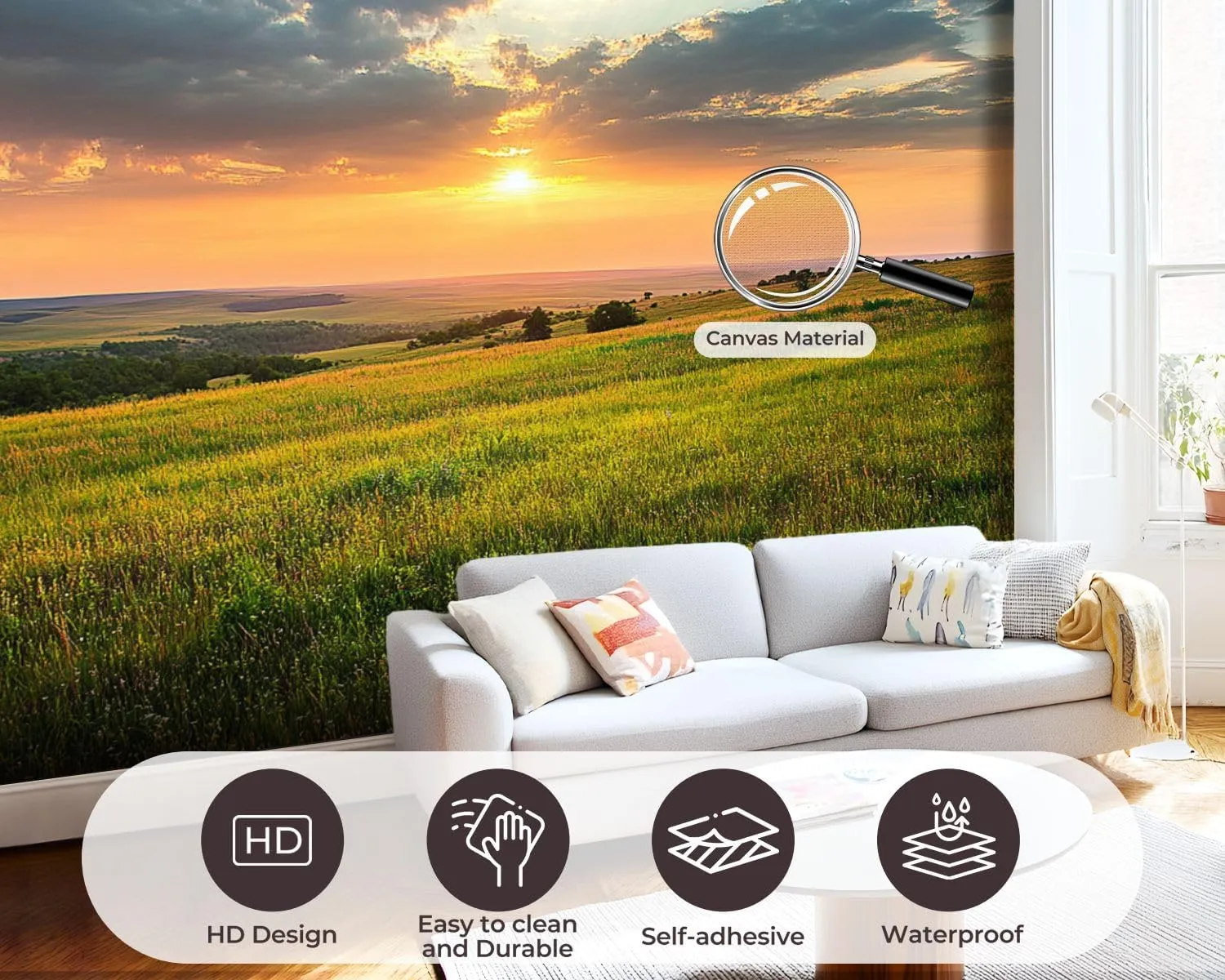 Removable Self Adhesive Dramatic Sunrise Kansas Tallgrass Prairie Preserve National Canvas Wall Murals, Peel and Stick Wallpaper for Kids Bedroom Living Room Office Wall Decor 100''x144''