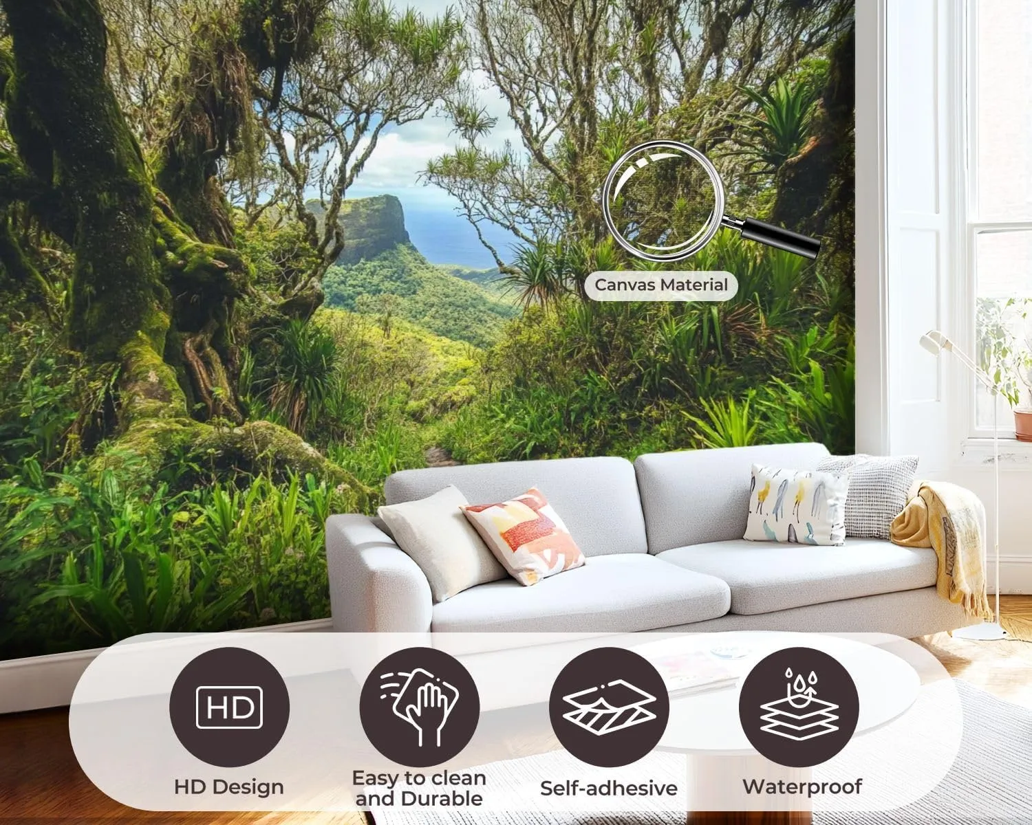 Removable Self Adhesive Jungle Trail Reunion Island Canvas Wall Murals, Peel and Stick Wallpaper for Kids Bedroom Living Room Office Wall Decor 69''x98''