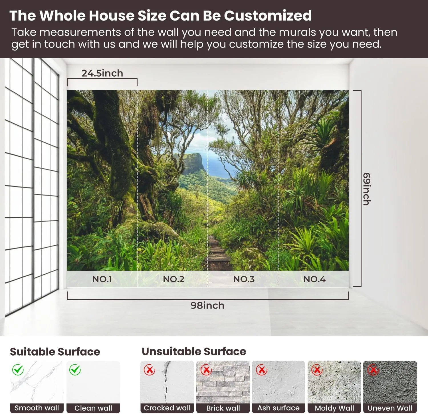 Removable Self Adhesive Jungle Trail Reunion Island Canvas Wall Murals, Peel and Stick Wallpaper for Kids Bedroom Living Room Office Wall Decor 69''x98''