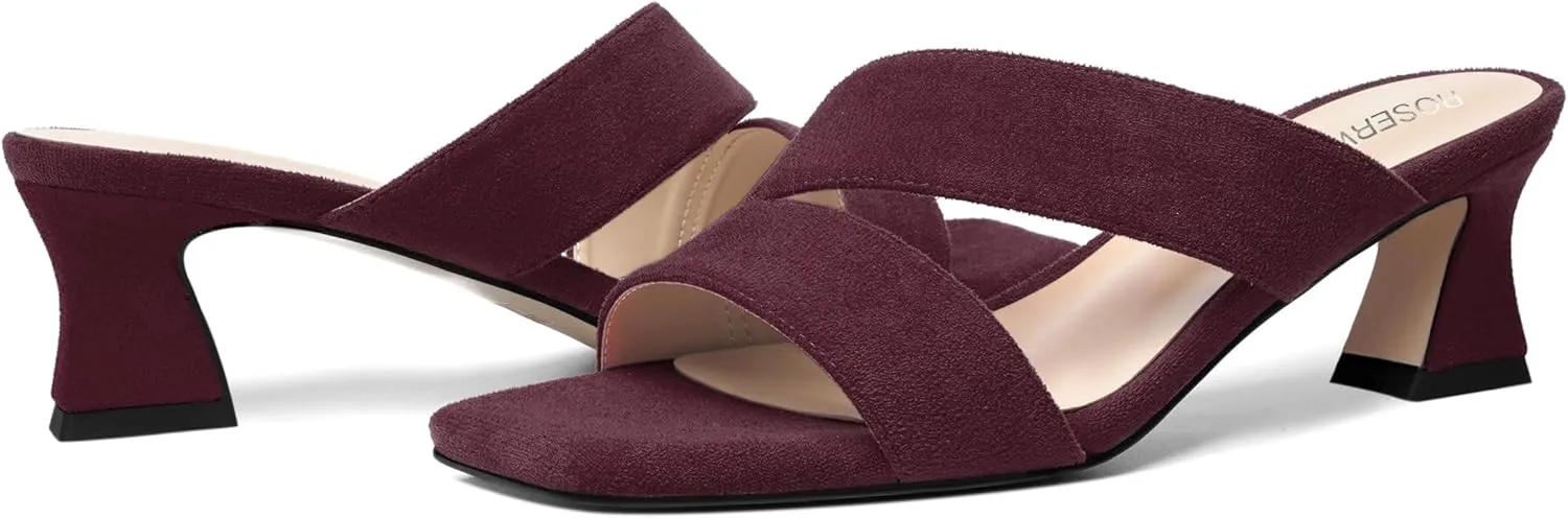 ROSERWISH Womens Fahion Dating Suede Slip On Open Toe Dress Chunky Low Heel Heeled Sandals 2 Inch