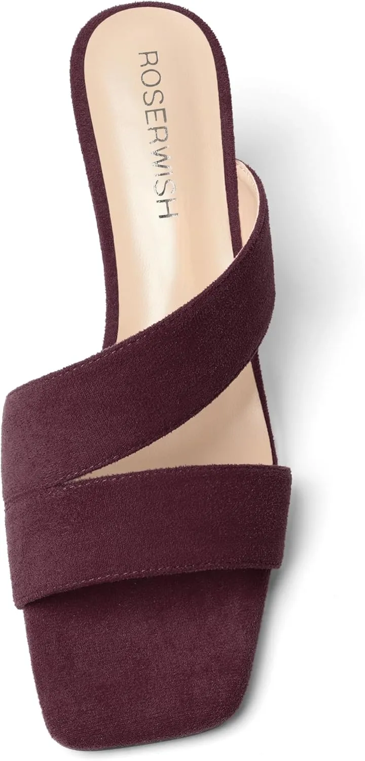ROSERWISH Womens Fahion Dating Suede Slip On Open Toe Dress Chunky Low Heel Heeled Sandals 2 Inch