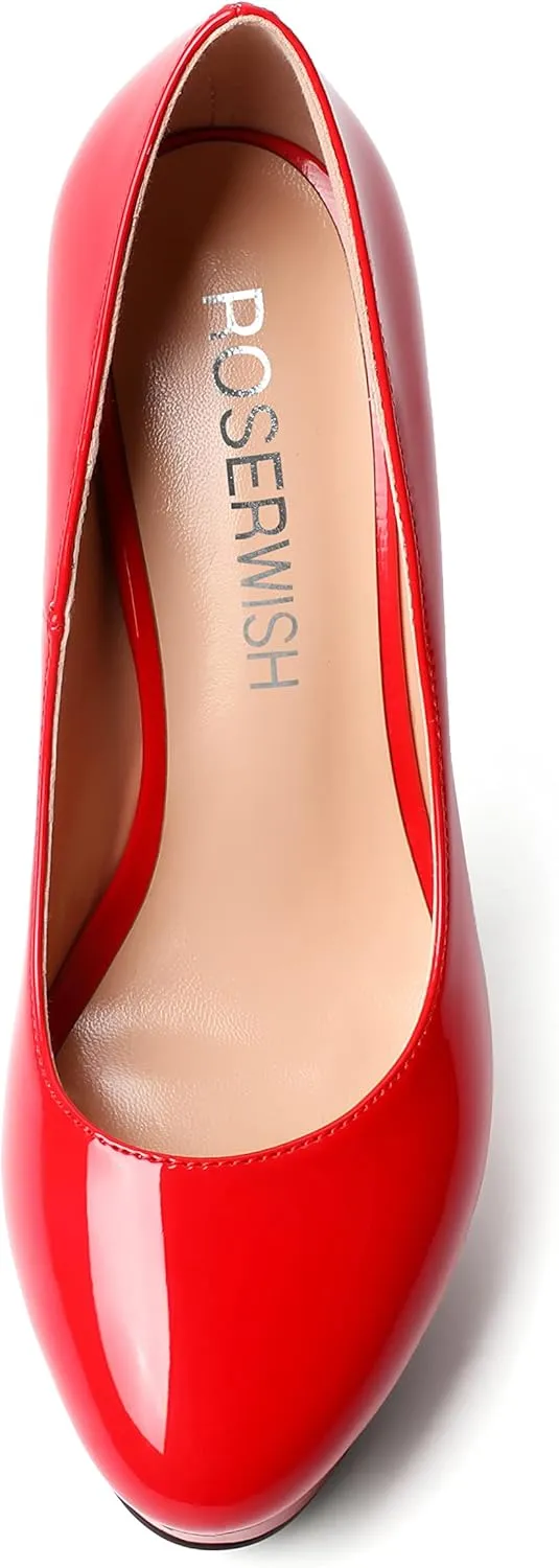 ROSERWISH Womens Round Toe Slip On Platform Patent Sexy Evening Party Stiletto High Heel Pumps Dress Shoes 5 Inch