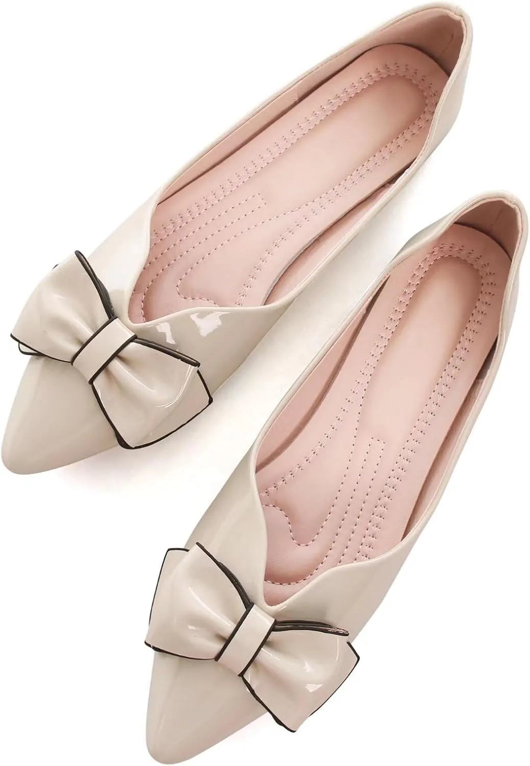 SAILING LU Womens Pointed Toe Shoes PU Ballet Flats Bow-Knot Dress Shoes Slip-on Comfortable Wear to Work Walking Flat Slip-ons