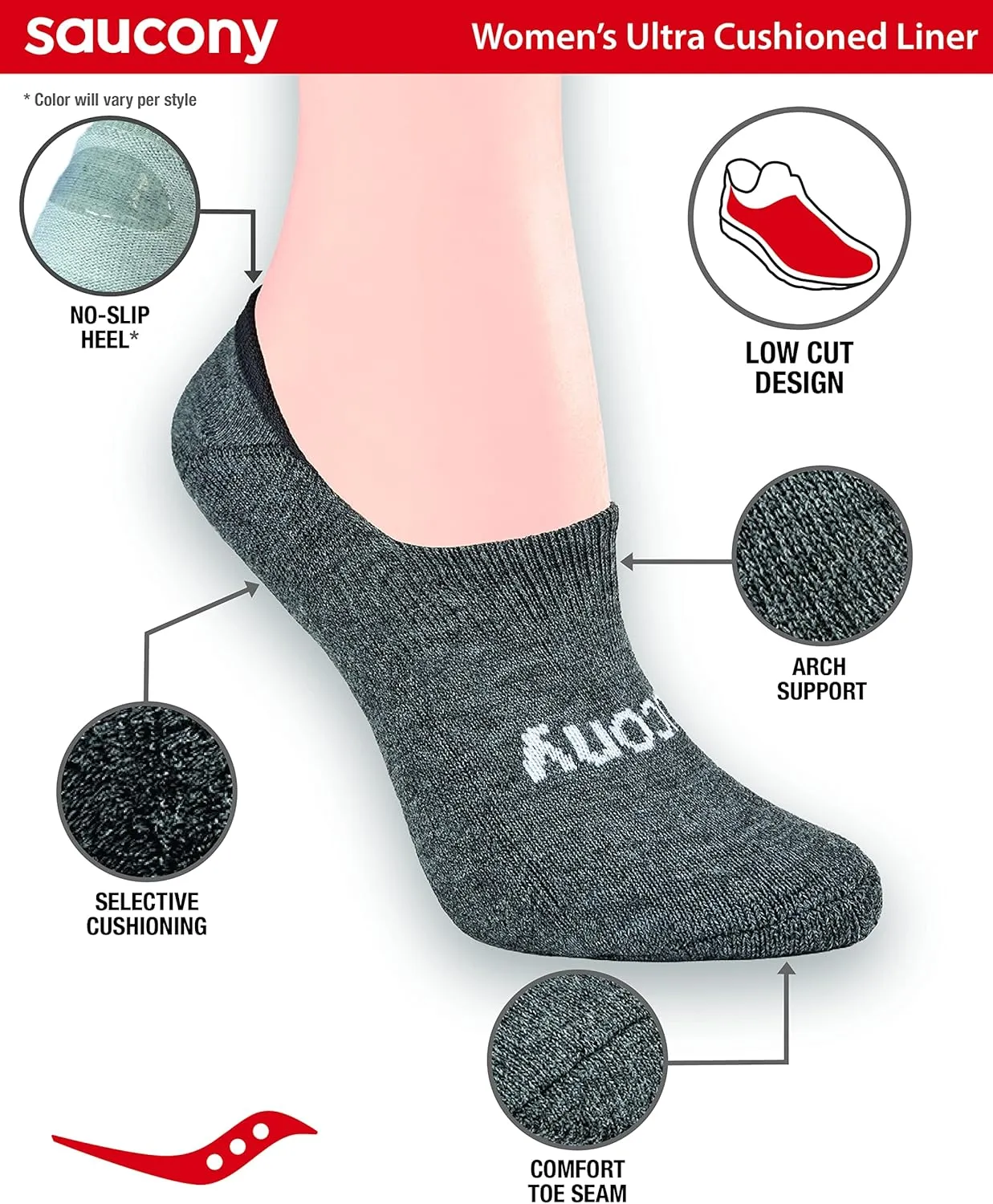 Saucony Women's No Show Cushioned Invisible Liner Socks, Available in S-L (8, 16 Pairs)