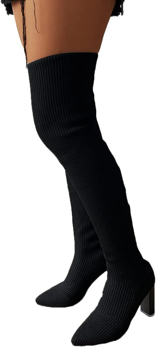 SBGMoSJ Boots for Women Over the Knee Thigh High Boots Pointed Toe Knitting Block Heel Stretchy Long Winter Fall Boots Cowgirl Boots Wide Calf Winter Fashion Booties Solid Color Long Boots