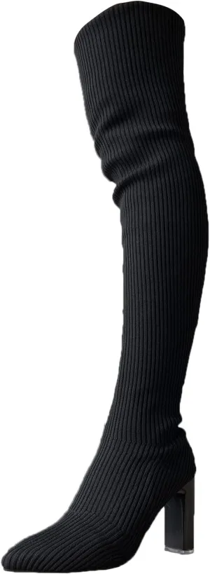 SBGMoSJ Boots for Women Over the Knee Thigh High Boots Pointed Toe Knitting Block Heel Stretchy Long Winter Fall Boots Cowgirl Boots Wide Calf Winter Fashion Booties Solid Color Long Boots