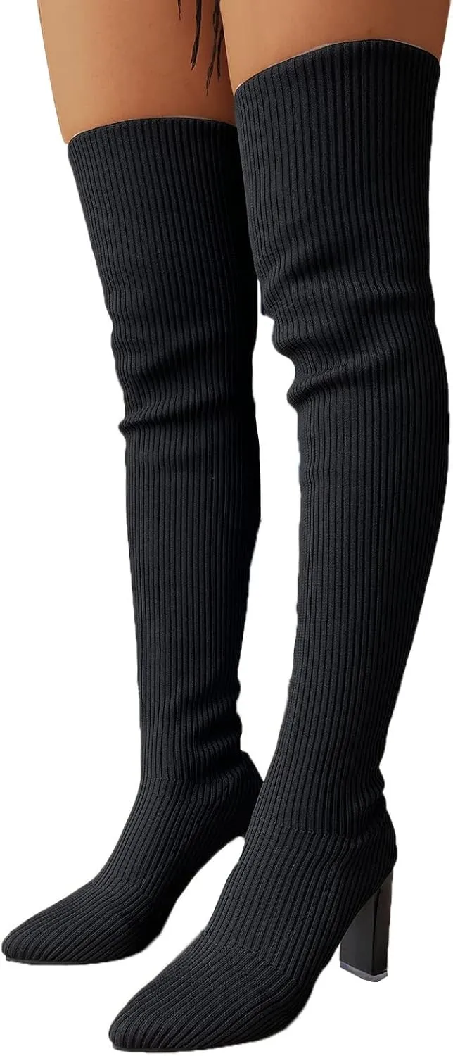 SBGMoSJ Boots for Women Over the Knee Thigh High Boots Pointed Toe Knitting Block Heel Stretchy Long Winter Fall Boots Cowgirl Boots Wide Calf Winter Fashion Booties Solid Color Long Boots