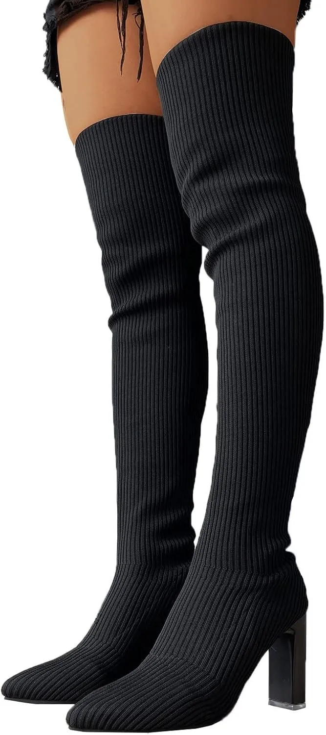 SBGMoSJ Boots for Women Over the Knee Thigh High Boots Pointed Toe Knitting Block Heel Stretchy Long Winter Fall Boots Cowgirl Boots Wide Calf Winter Fashion Booties Solid Color Long Boots
